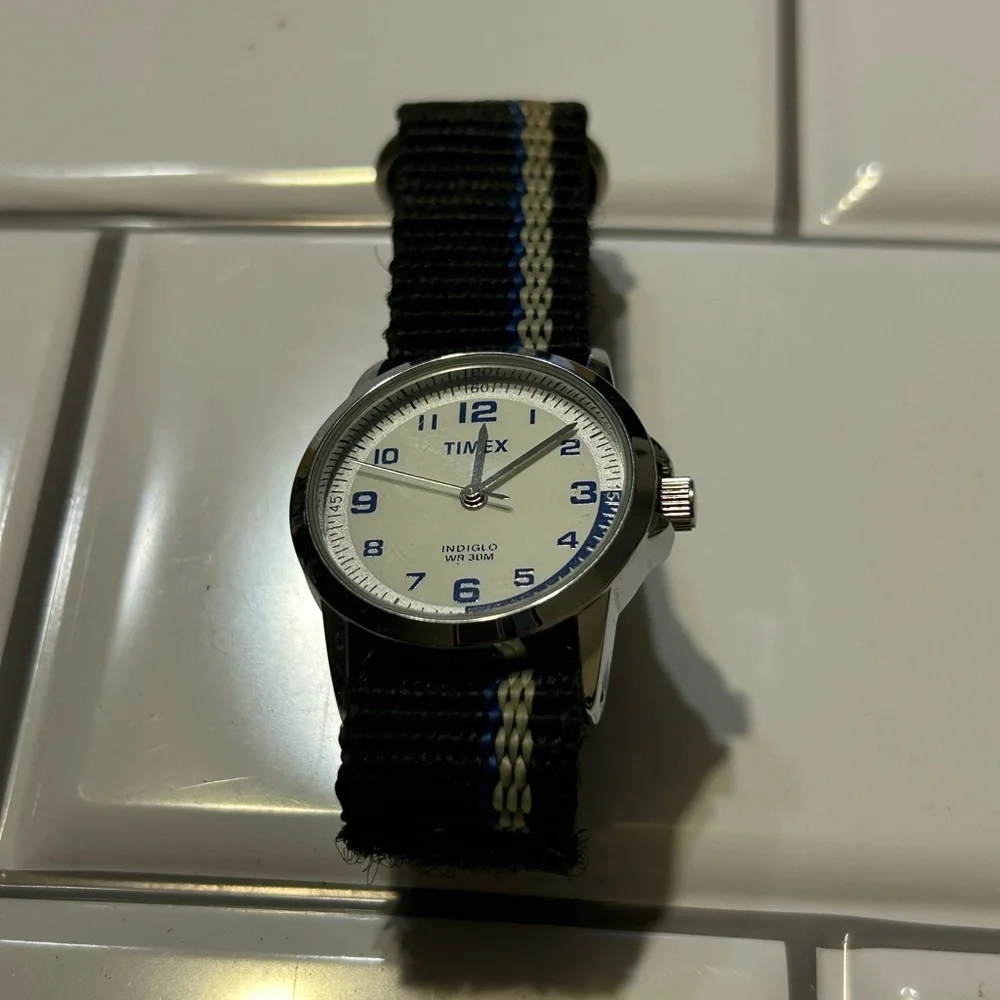 Timex Silver Watch with Black and Blue Strap